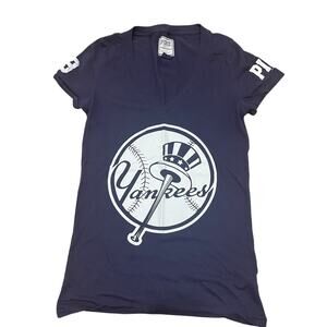 Victoria’s Secret Pink Y2K V Neck Feminine New York Yankees Baby‎ Tee Blue Sz S
